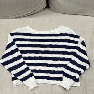 aerie Navy and White Striped Cable Knit Crewneck Sweater